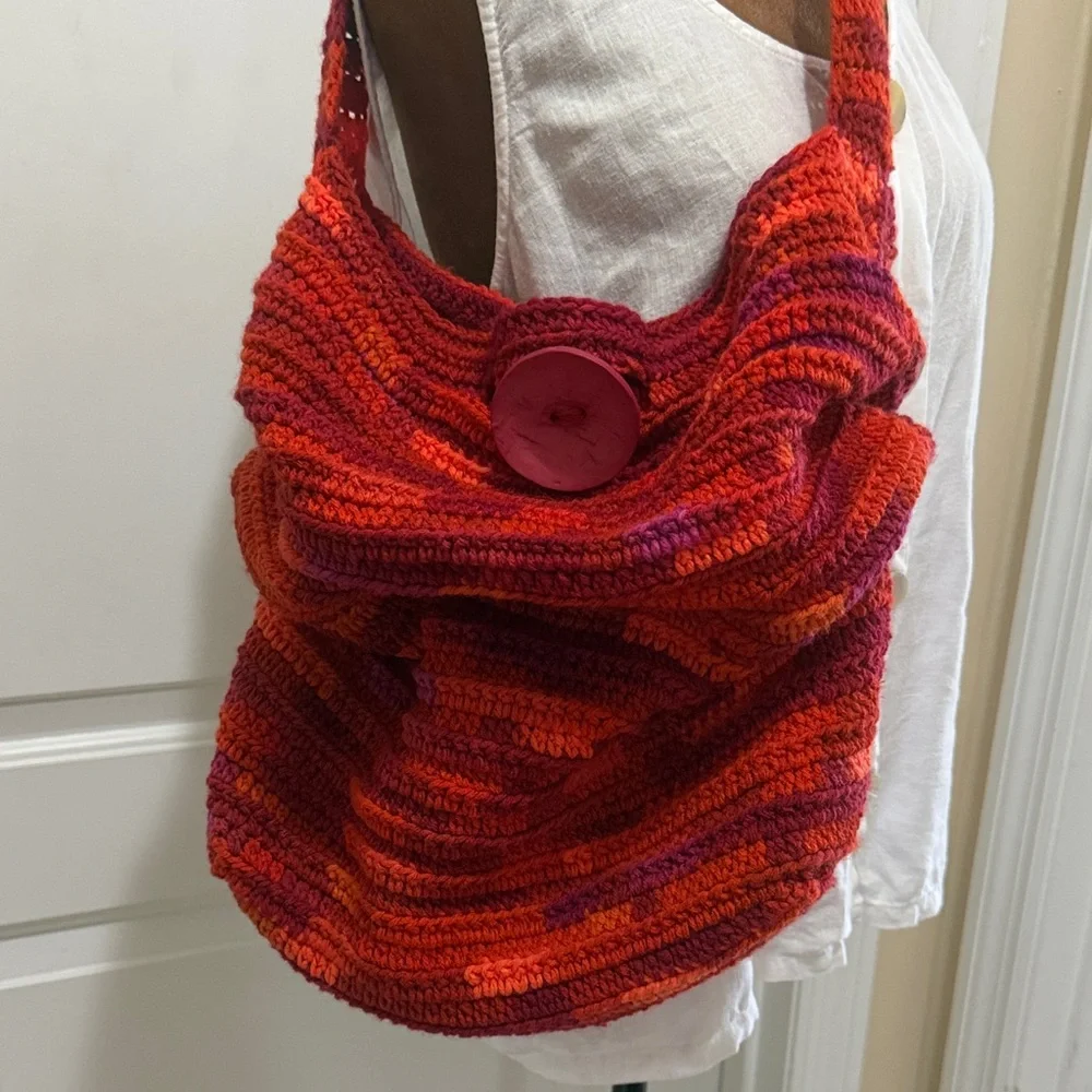 XL Handmade Red and Orange Crochet Hobo Bag